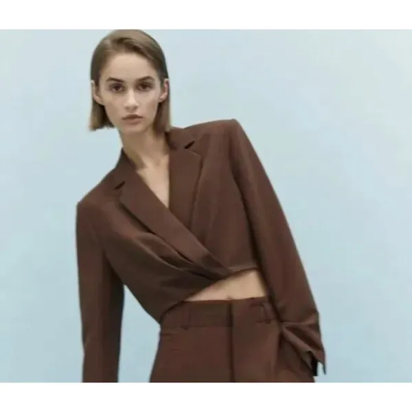 Zara Brown Cropped Wrap Blazer Jacket Notched Lapel‎ Long Sleeve Modern Chic - Image 2