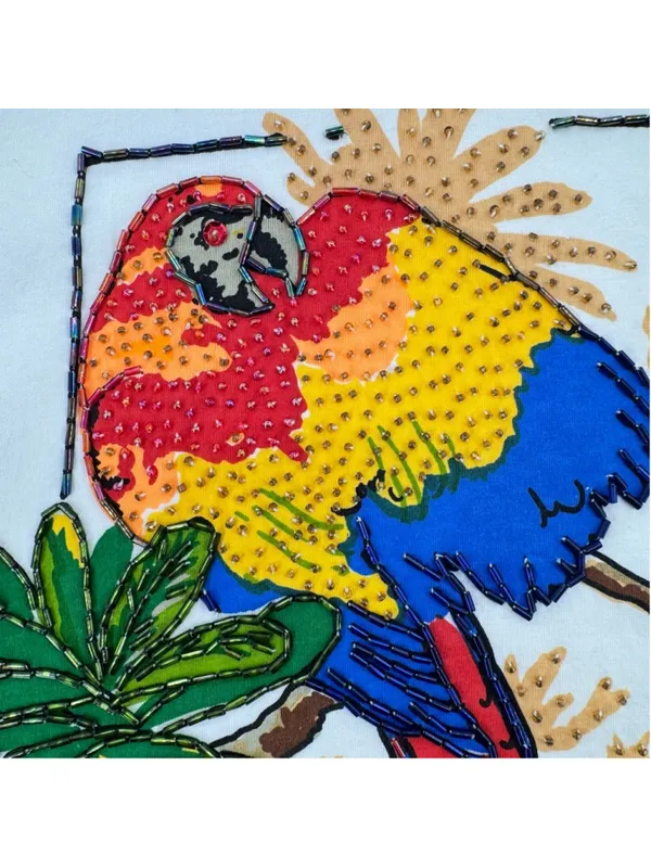 Vintage 90s Tee Tropical Birds Flowers Heavily Beaded Art to Wear Cotton Medium - Image 4