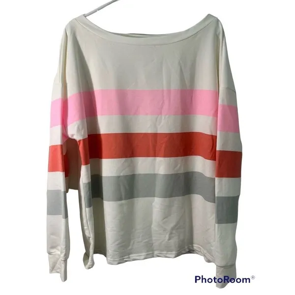 Dew Shoulder Stripe Long Sleeve Sweatshirt Women’s Large White NWOT Lightweight - Image 2