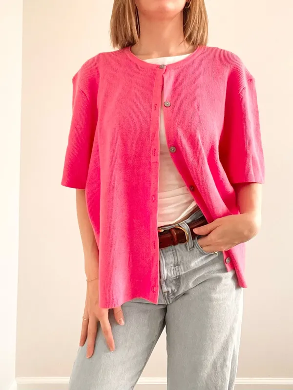 Boutique Brand Bright Pink Short-Sleeve Button Cardigan Top - Image 3
