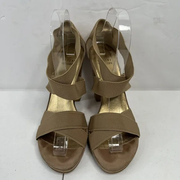 Stuart Weitzman Size 38 US 7.5 Heels‎ Elastic Strap Wrap Tan Suede High Chunky - Image 4