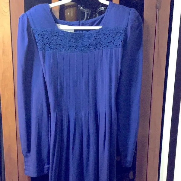 Vintage 80s Royal Blue Prairie Dress Modest Long Sleeve Size 12 Woman’s Large XL - Image 2