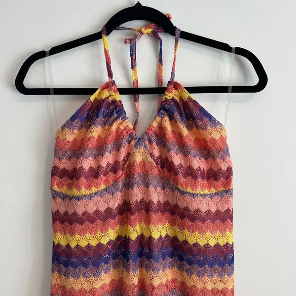 Wild Fable Crochet Halter Stripe Dress Women's Large Lace Up Back Pink Yellow - Image 8