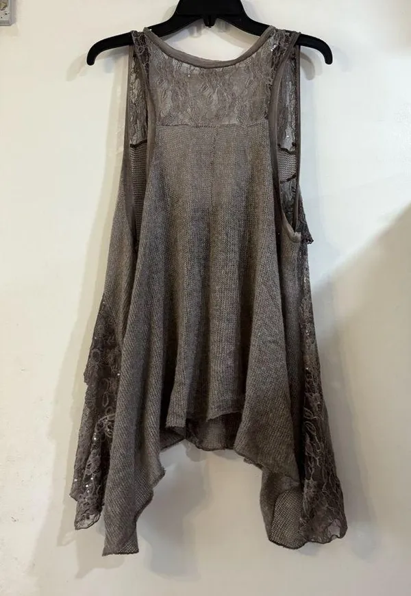 Y2K Whimsigoth Fairy Tunic Top Dress Lace Sequin Asymmetrical Gray Wool Mohair - Image 2