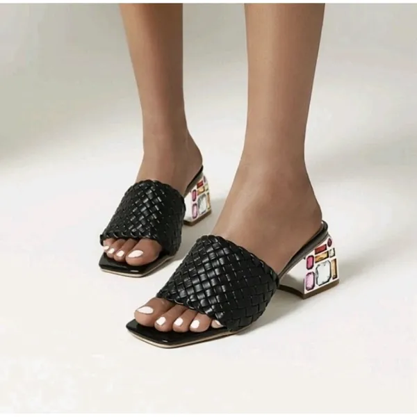 Jingpin Women's Black Rhinestone Block Heels Size EU 40 US 9 Sandals Maximalist - Image 3