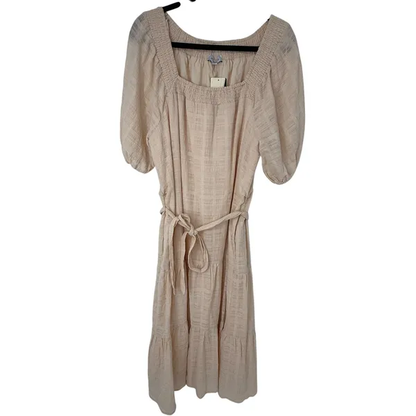 Evereve Carly Blush Cotton Tiered Midi Dress Puff Sleeve Cottage Size Large NWT - Image 3
