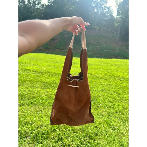 Clarks Brown Suede Leather Bucket Bag Drawstring Hobo Tote Tan Handle - Image 2