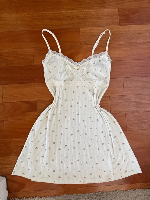 Coquette Dainty Cream Lace Trim Mini Floral Rosette Bow Mini Dress - Image 6