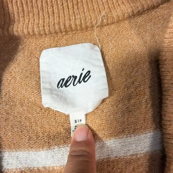Aerie unREAL V-Neck Sweater Women S Beach Dune Cream Stripe Oversized Pullover - Image 3