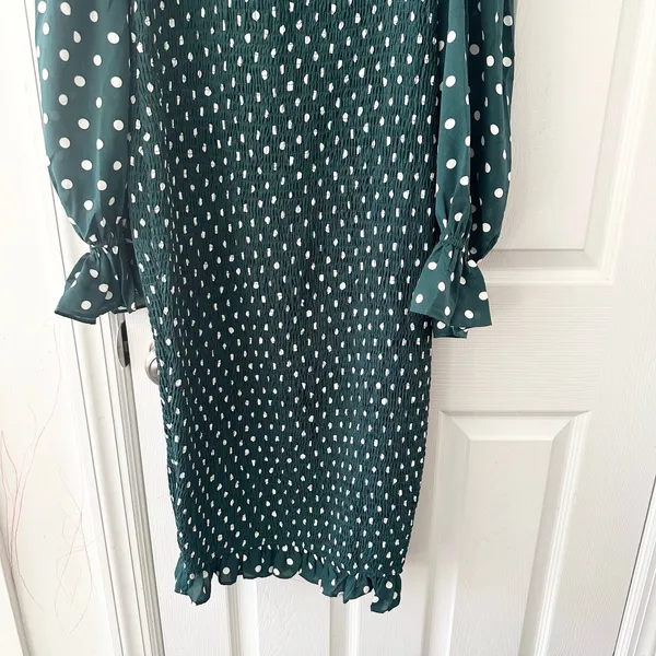 Petal & Pup Green White Polka Dot Smocked Bodycon Midi Dress Puff Sleeve US 10 - Image 4