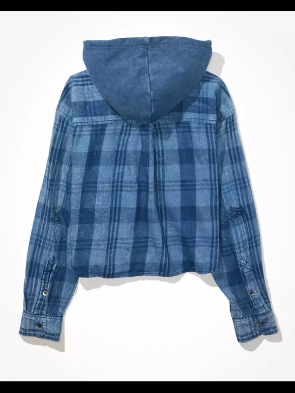 American Eagle AE Cropped Hooded Flannel Shirt in blue S - Image 7
