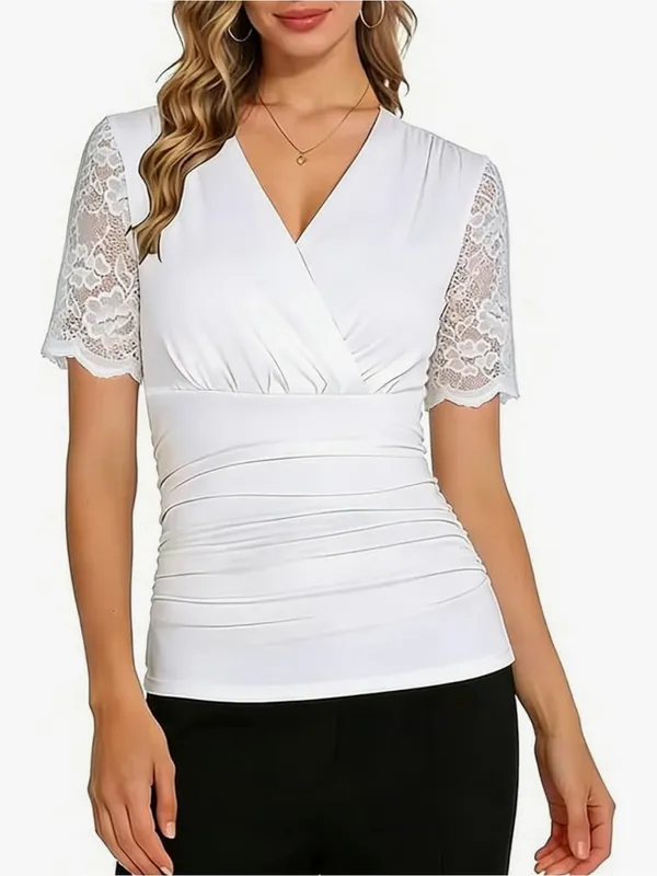 Floral Lace Short Sleeve V Neck Ruched Slim Fit Stretch Blouse Sz Small NWOT - Image 2
