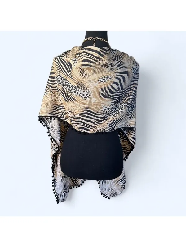 American Vintage Vintage Y2K Print Zebra Leopard Pom Pom Shawl Wrap Kimono Cover Up One Size 🤎 - Image 4