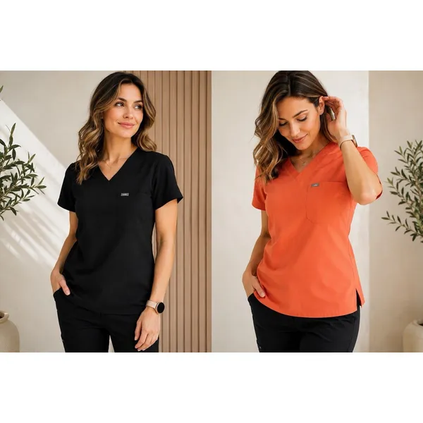 FIGS Set Catarina One Pocket Scrub Tops Medium Orange And Black EUC - Image 2