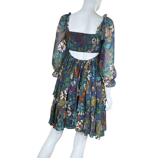 Meet‎ me in Santorini Floral Babydoll Dress Square Neck Tiered Ruffle Sleeve XS - Image 6