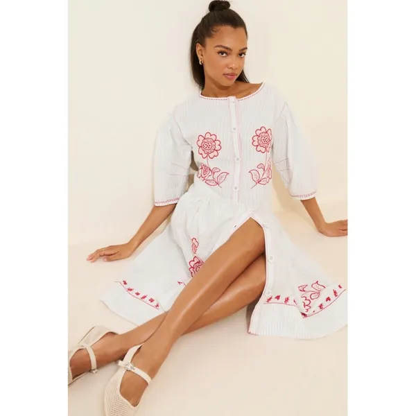 Free People Embroidered Cottage Bohemian Seersucker Saugatuck Midi Dress Large - Image 10