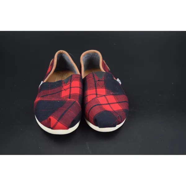 TOMS Alpargata Women W8 Red Navy Plaid Canvas Excellent Corduroy Heel Slip On - Image 2