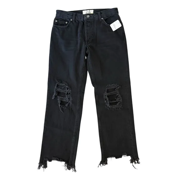 FREE PEOPLE Maggie Mid Rise Washed Black Distressed Jeans Raw Hem Size 24 NEW - Image 3