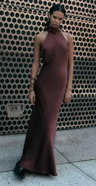 Zara maxi halter scarf satin Elegant Burgundy Brown Evening Wedding Dress - Image 12
