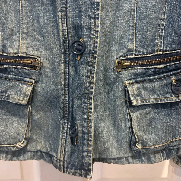 Old Navy Womens Medium Blue Denim Military Safari Jacket Zip Cargo Pockets Y2K - Image 3