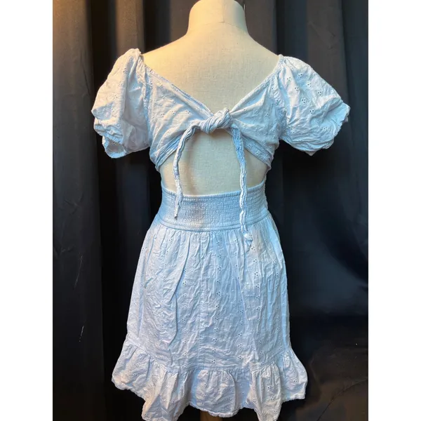 Sincerely Jules Light Blue Eyelet Mini Dress Puff Sleeve Tie Back‎ Smocked Waist - Image 4