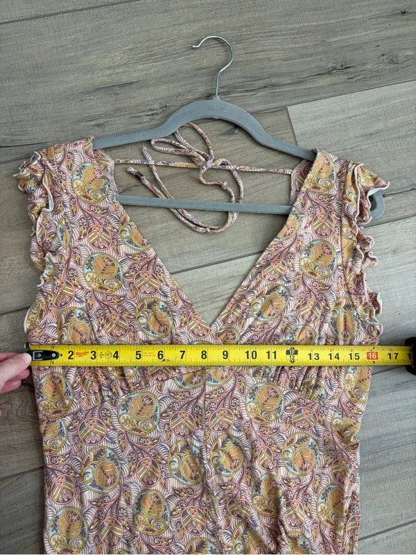 Anthropologie Matilda Pink Yellow Floral Paisley Wide Leg Ruffle Jumpsuit S - Image 8