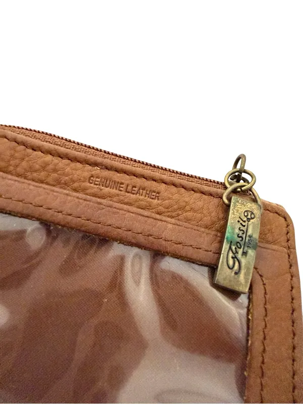 Fossil Tan Leather Trifold Wallet Keychain Clip Snap Cardholder One Size Women's - Image 6