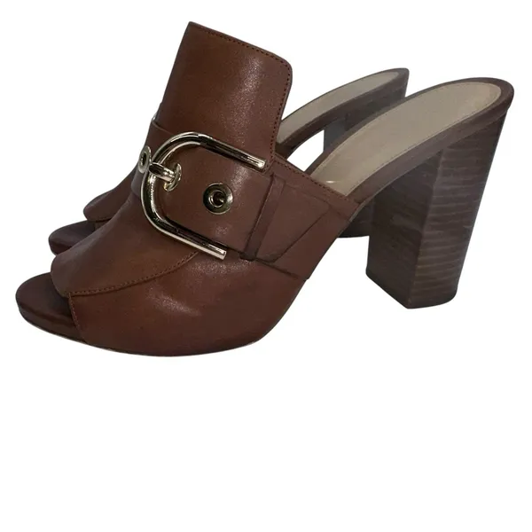 Michael Kors Brown Leather Slip On Open‎ Toe Heels Mules Slides Size 9M Gold - Image 4