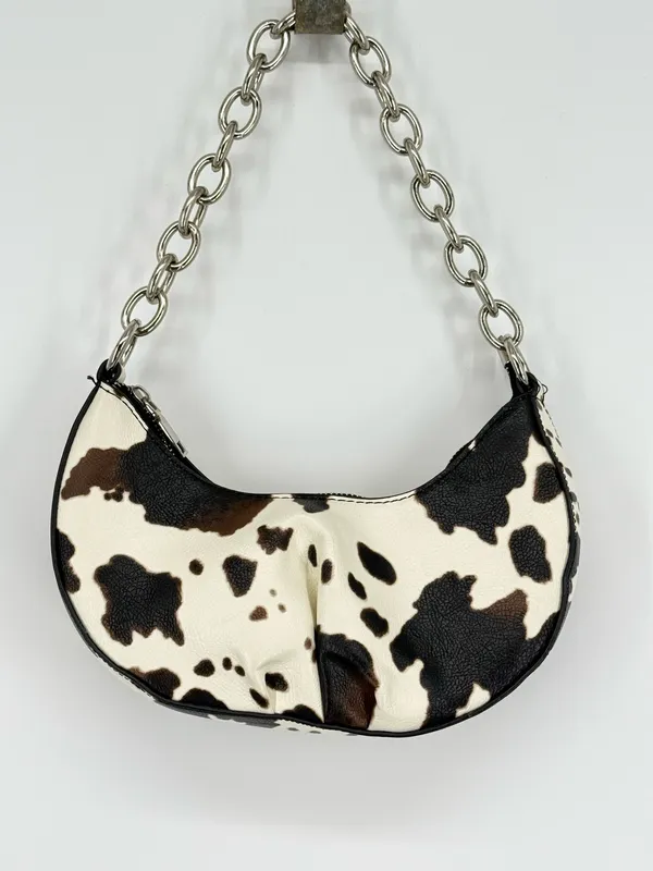 Cow Print Crossbody Purse Handbag Small Shoulder Bag Silver Chain Zip Closure - Image 3