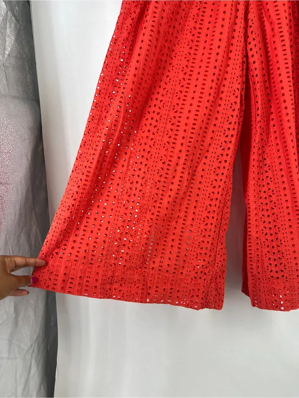 Anthropologie Coral Eyelet Wide Leg Cropped Pants Culottes Orange Red Size 0 - Image 6