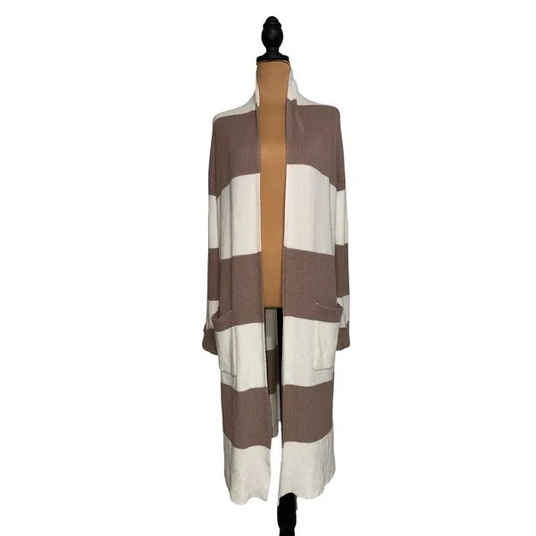 The Limited Womens Longline Striped Cardigan Duster Tan Cream Size M - Image 2