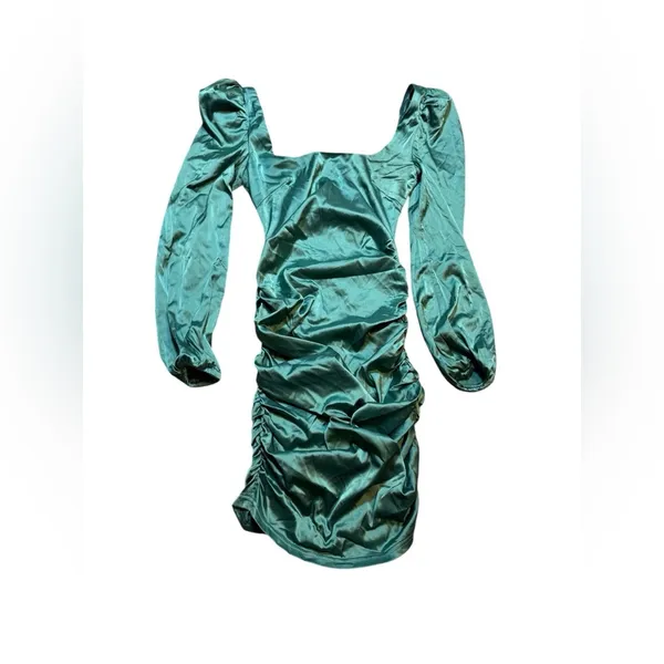 Revolve 💚✨ MORE TO COME Blaire Teal Satin Puff Sleeve Mini Dress‎ XS NWT ✨💚 - Image 2