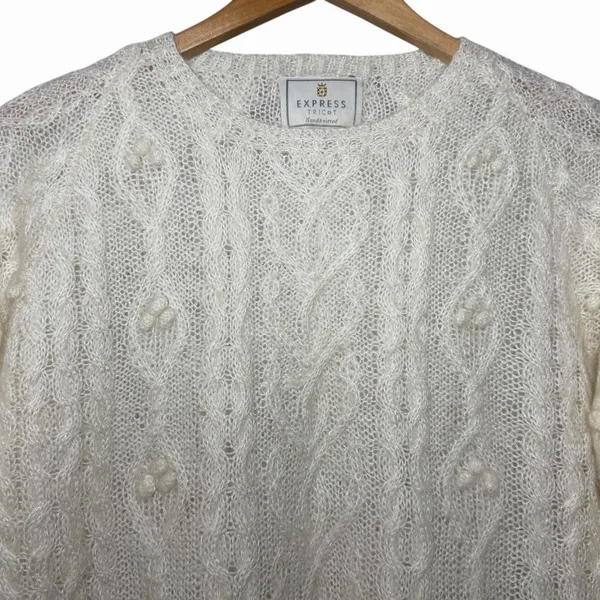 VTG Express Tricot Womens Size‎ S Handknit Mohair Wool Cable Knit Sweater Ivory - Image 4