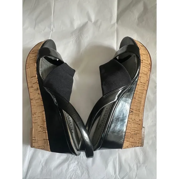 Franco Sarto Blink Black Patent Leather Cork Wedge Slingback Sandals Women 8M - Image 3