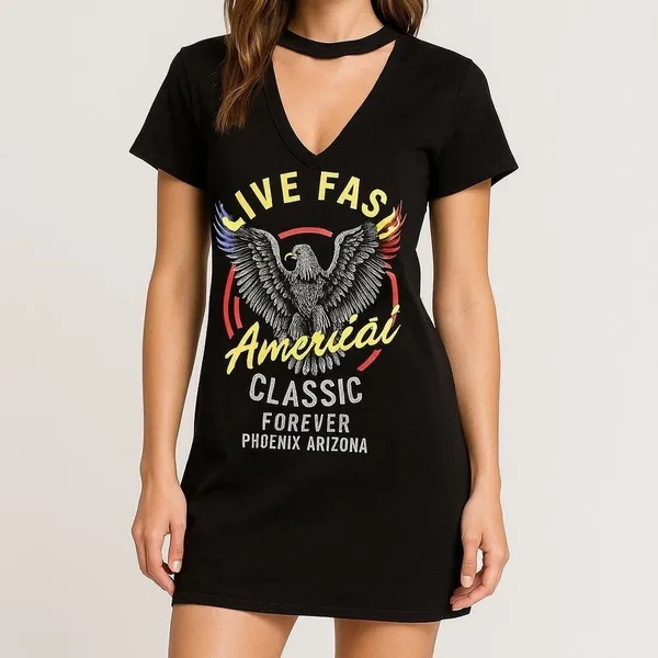 Wooahada Womens T-Shirt Dress Black Eagle Graphic Choker Neck M - Image 2