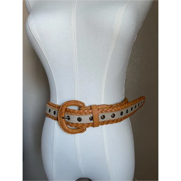 Woven Leather and Canvas Grommet Belt Wrapped Buckle One Size Cognac and Cream - Image 2