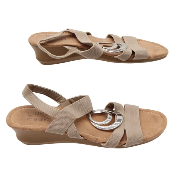 Naturalizer Sandals Womens 8.5M Galaxy Taupe Wedge Silver Ring Elastic Excellent - Image 3