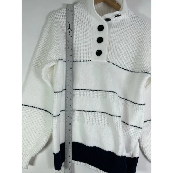Commense White & Navy Open Collar 1/4 Button Up Sweater S NWT - Image 6