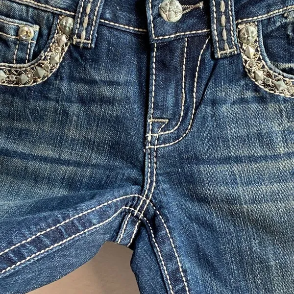 Miss Me Jeans Women's Size 26 boot cut Denim Embellished trim flap‎ Pockets - Image 6