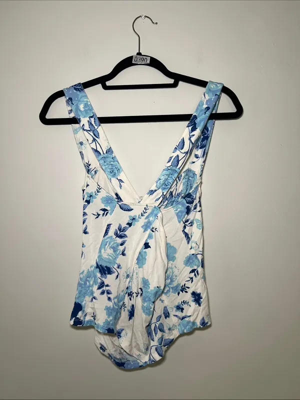 Free People White Floral Square-Neck Cami with Blue Print - Image 3