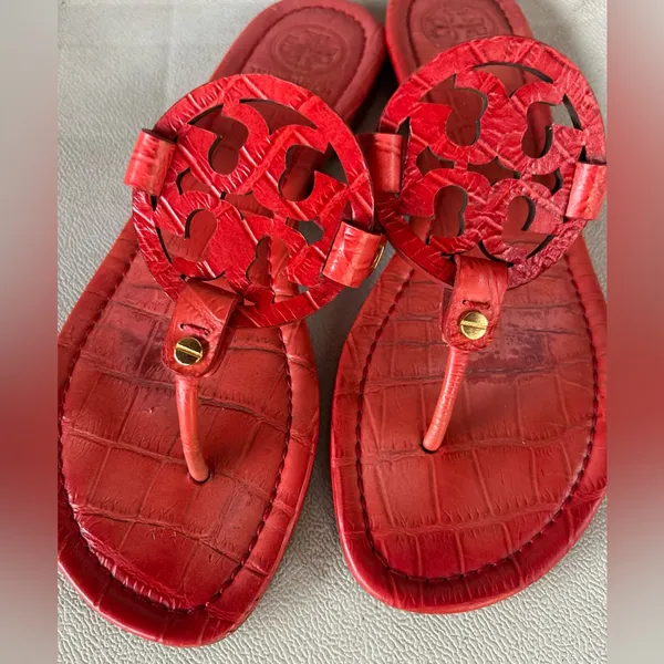Tory Burch Red Embossed Leather Sandals - Image 3