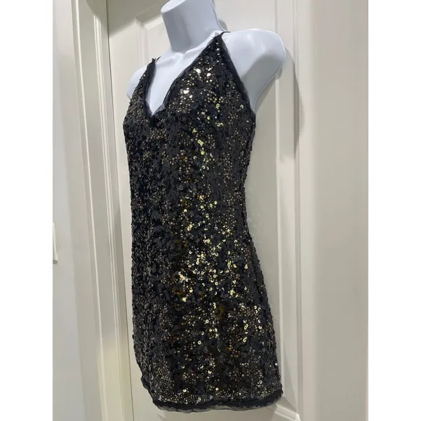 NBD x Revolve Sloan Metallic Black & Gold Sequins Spaghetti Strap Mini Dress M - Image 5