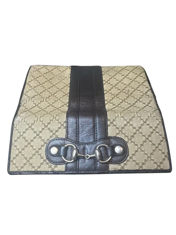GUCCI Horsebit Diamante Brown Leather and Beige Canvas Bifold Wallet WOC - Image 6