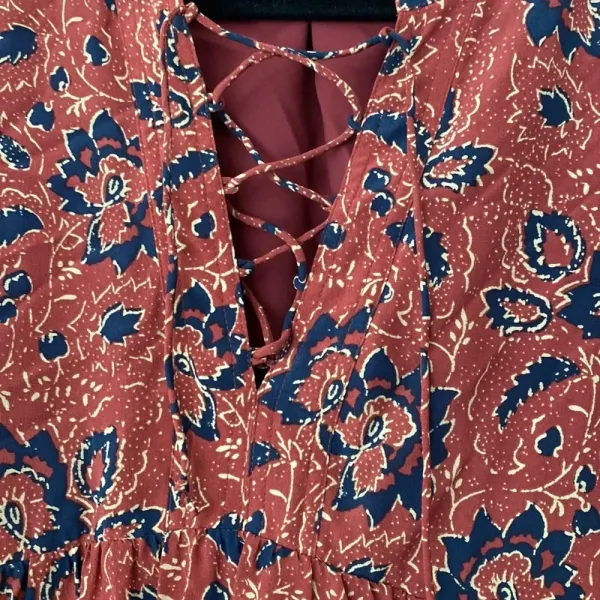Madewell Size Large 100% Silk Assam Floral Babydoll Dress LaceUp Fall Rust Print - Image 8