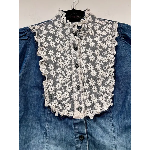 Victorian Style Prairie Denim Blouse White Floral Lace Ruffle Collar & Cuffs XS - Image 5