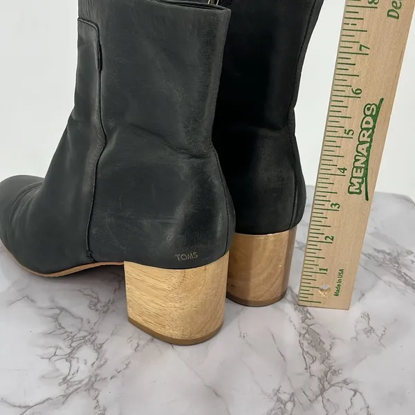 TOMS Evie Leather Women 9 Block Heel Ankle Boot‎ Black Side Zipper Comfy Boho - Image 2