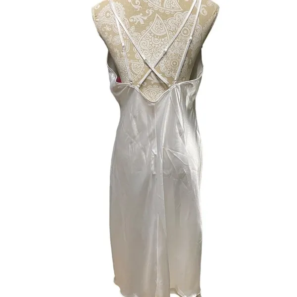 Vtg White Satin Lace Maxi Slip Dress L Bridal Nightgown Beaded Deadstock NWT - Image 8