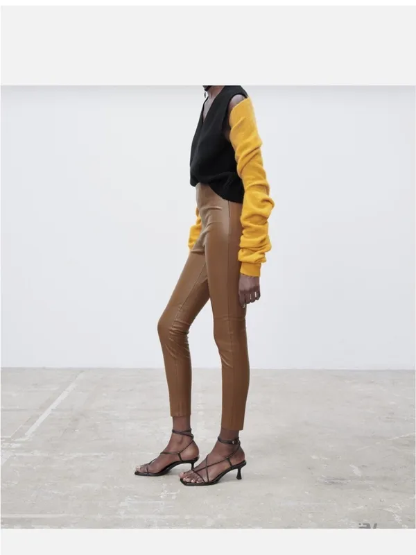 Zara Womens High Waist Faux Leather Leggings Small Ankle Length Brown - Image 2