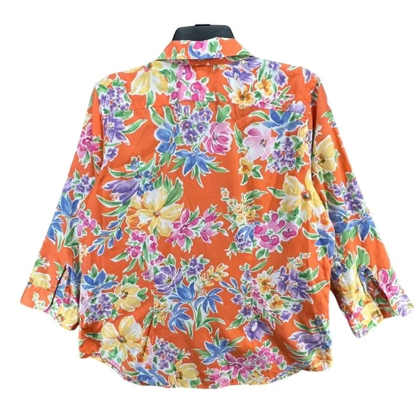 Lauren Ralph Lauren Shirt Womens L Orange Floral Cotton Button Front 3/4 Sleeve - Image 5