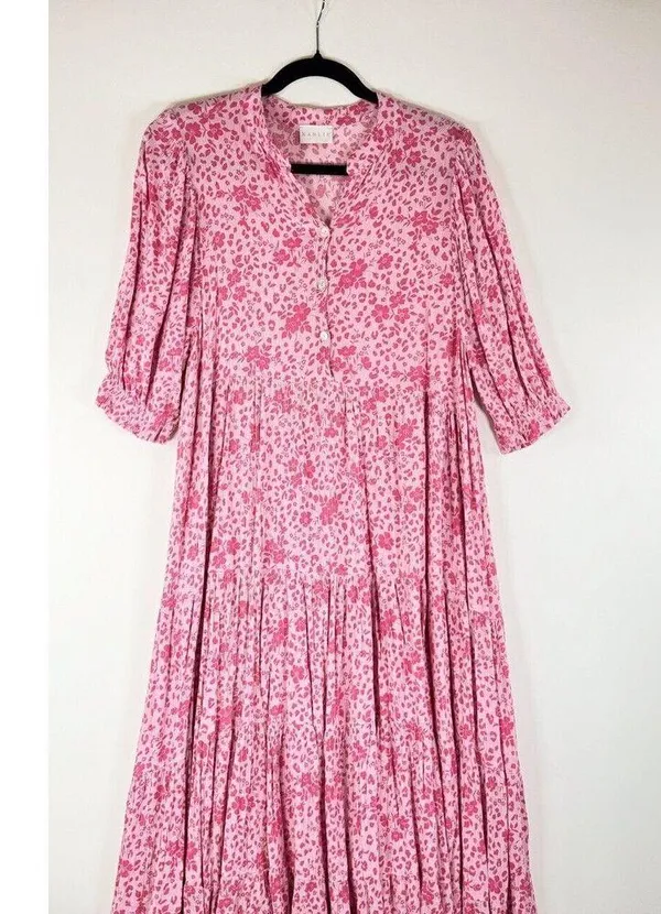 Karlie Womens Dress Pink Floral Ditsy Midi Tiered A Line Cottagecore Boho Small - Image 3